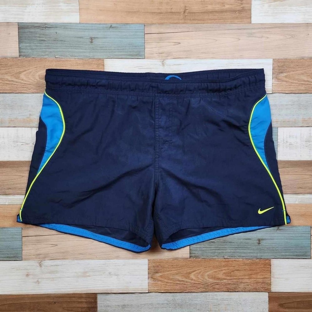 Nike Mens Running Shorts Navy‎ Blue Neon Yellow Mesh Lined Rear Pocket Size M